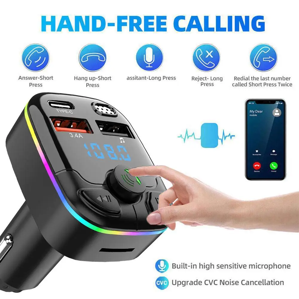 Bluetooth 5.0 FM Transmitter with Dual USB & Colorful Ambient Light