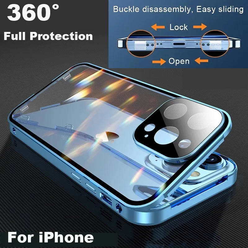 Metal Double Sided Magnetic Phone Case For iPhone 14 Pro 15 Plus 13 Pro12  Mini 11 Pro Max Camera Lens Protection Snap Lock Cover - AliExpress