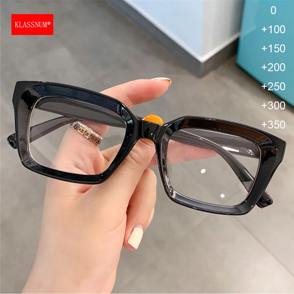 KLASSNUM Women Fashion Reading Glasses Oversized Square Large Frame Magnifing Glasses Presbyopia Eyeglasses Diopter +1.0~+3.5