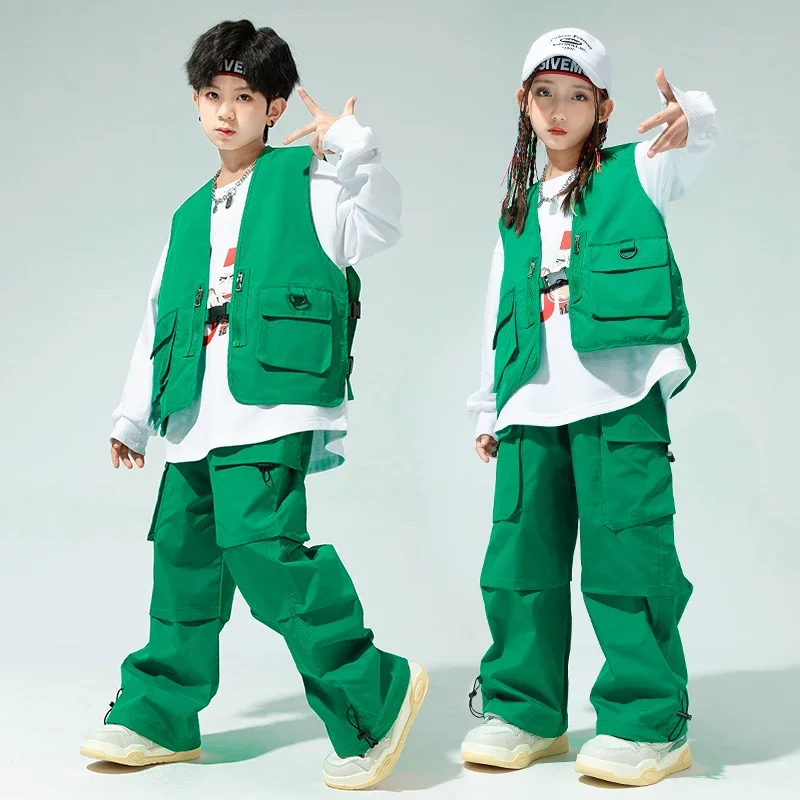 

Зеленая одежда в стиле хип-хоп, однотонный жилет для девочек, брюки кагро, уличные танцевальные Джоггеры для мальчиков, Детская уличная одежда, детские костюмы, джазовая сценическая одежда