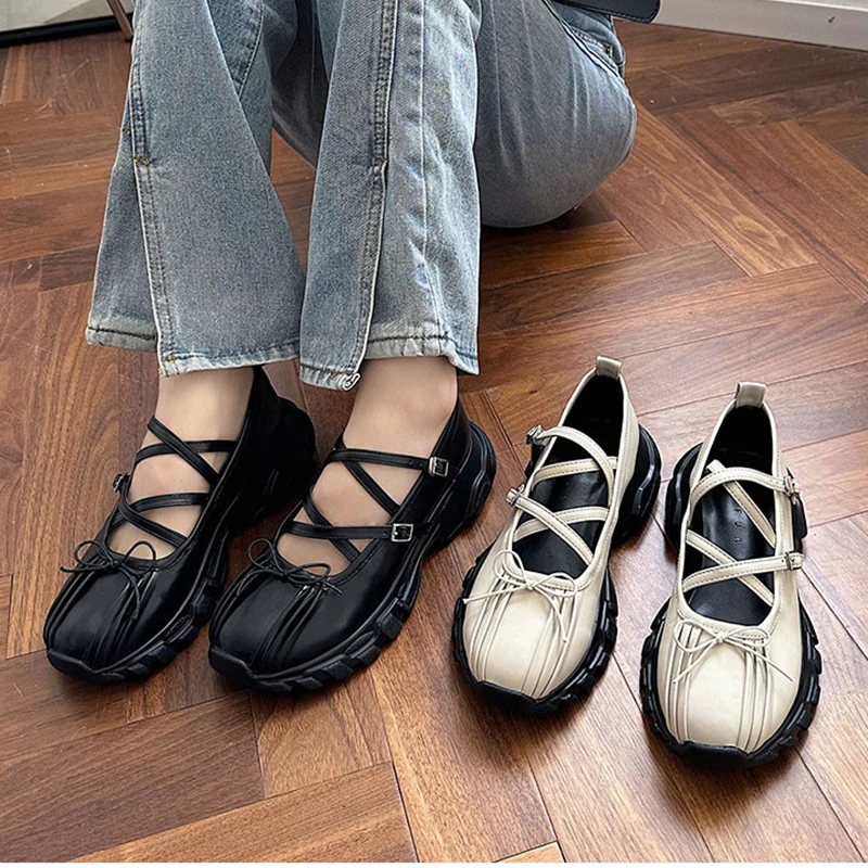 

Осенняя женская спортивная обувь на массивной подошве, модные туфли на плоской платформе с узлом-бабочкой, женские повседневные уличные туфли Мэри Джейн