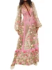 Women's Summer Long Beach Dress Long Sleeve V Neck Backless Floral Bikini Cover Up 1