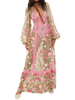 Women's Summer Long Beach Dress Long Sleeve V Neck Backless Floral Bikini Cover Up 1