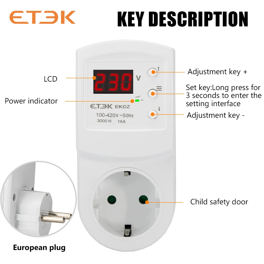 Advanced Overvoltage Protection Relay (16A, AC 140-300V) - Multifunctional Electronic Plug and Socket
