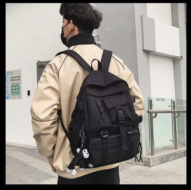 Preppy Style Black Backpack Unisex Women Men Backpack Nylon Waterproof Multi-Pocket Design Mochilas Teenagers Shoulder Bag