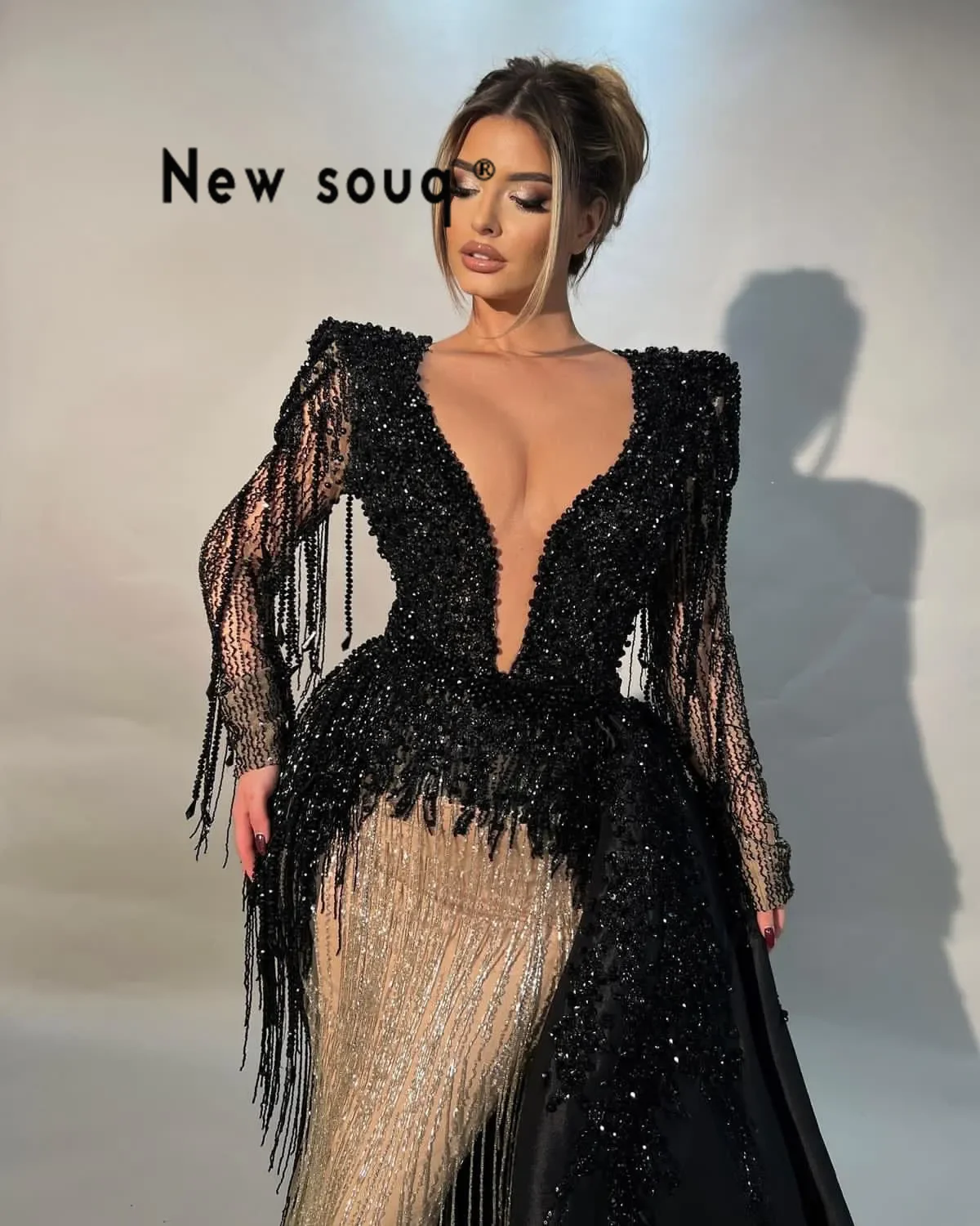 Black Champagne V Neck Prom Dresses Mermaid Tassels Beading Long Sleeve Evening Gowns Customized Arabic Engagement Party Dress - AliExpress 320 Black Champagne V Neck Prom Dresses Mermaid Tassels Beading Long Sleeve Evening Gowns Customized Arabic Engagement Party Dress - AliExpress 320