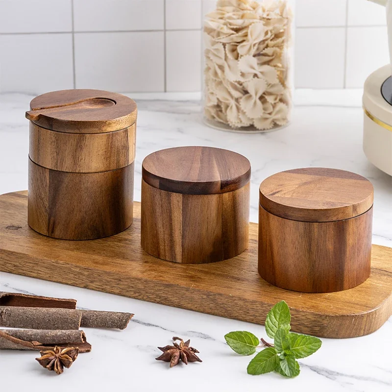 Acacia Wood Salt Shaker Seasoning Box Magnetic Rotating Lid and Spoon Salt and Pepper Organizer Spice Jars Kitchen Gadgets spice jar,seasoning jar