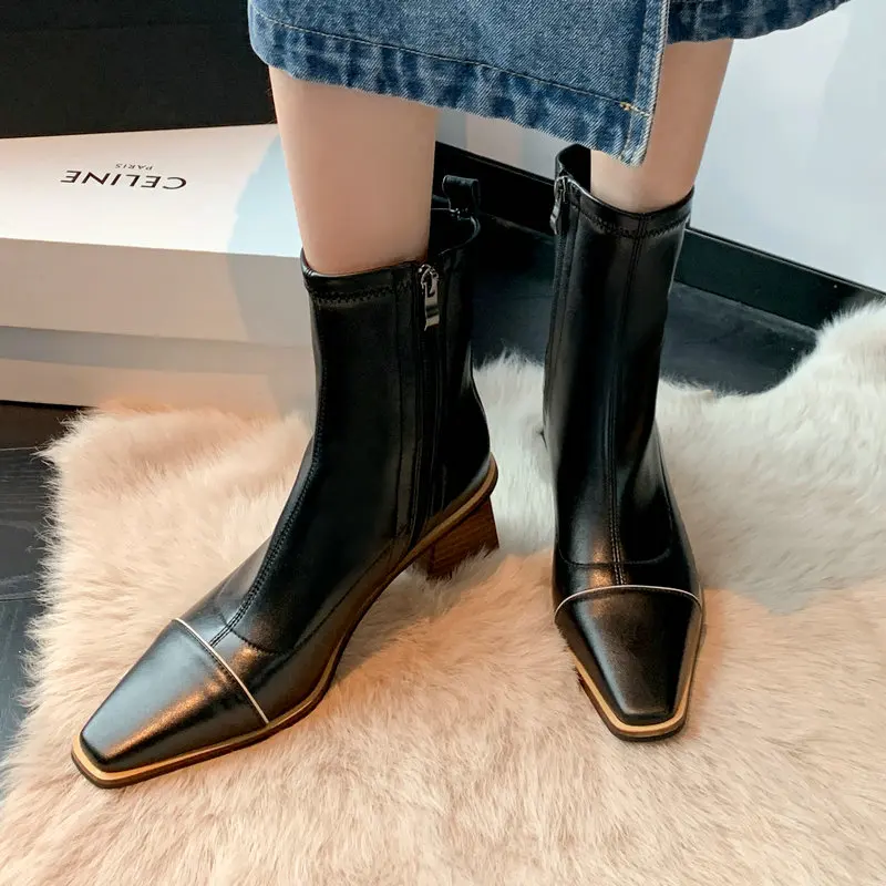 

Genuine Leather Thick High Heels Classic Ankle Boots For Women Autumn Winter Office Ladies Casual Concise Mature Shoes Woman