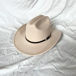 Vintage Western Cowboy Hat with Leather Wide Brim - 57 - 59CM (Beige)