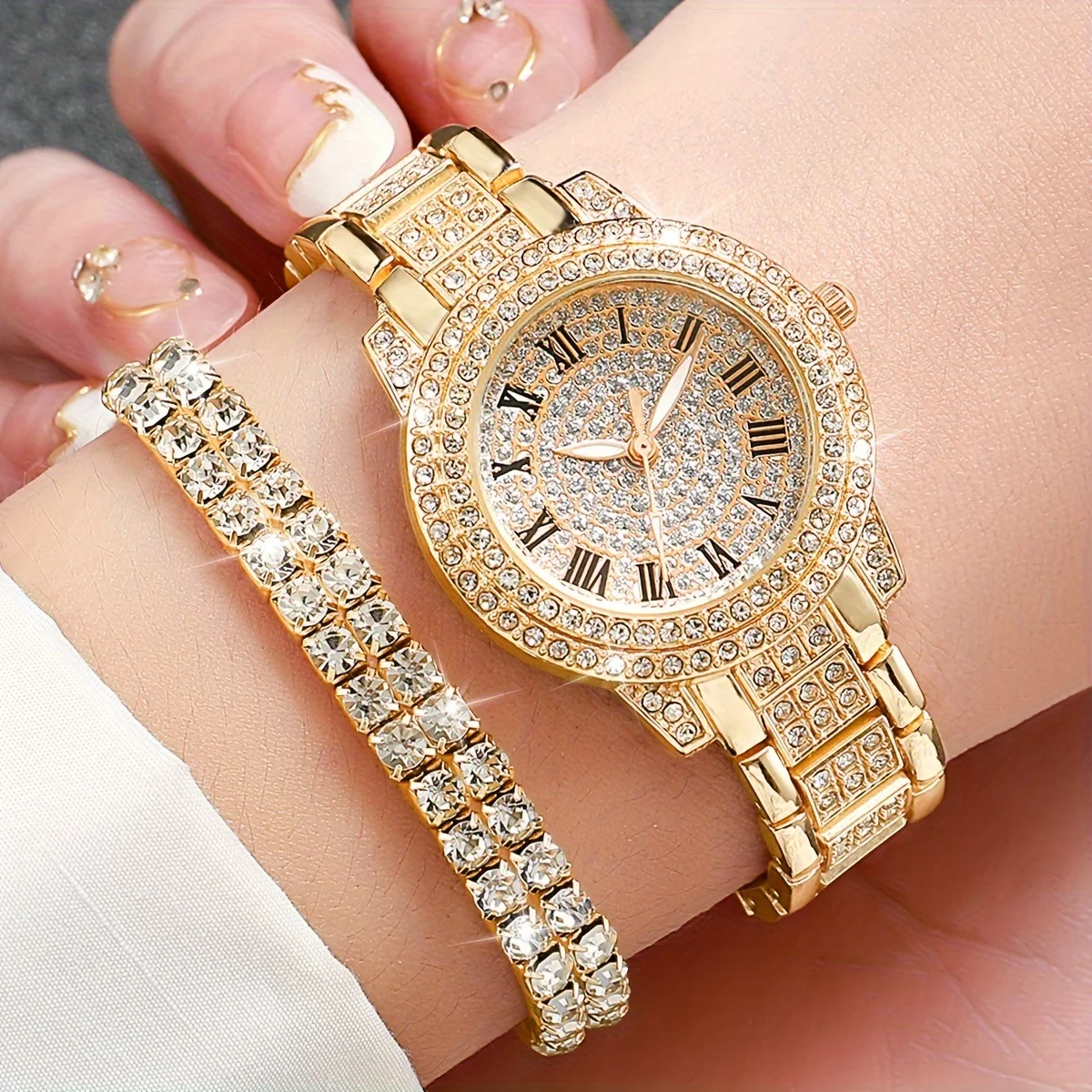 6pcs women's stainless steel quartz watch analog watch tricolor set with bracelet set 3
