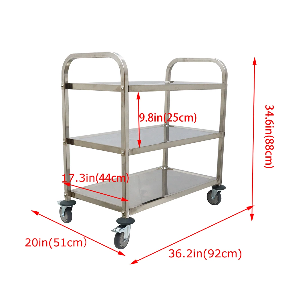 Stainless Steel Cart 3 Layers Lab Utility Cart Medical W/ Lockable Universal Wheels for Lab Clinic Kitchen Salon