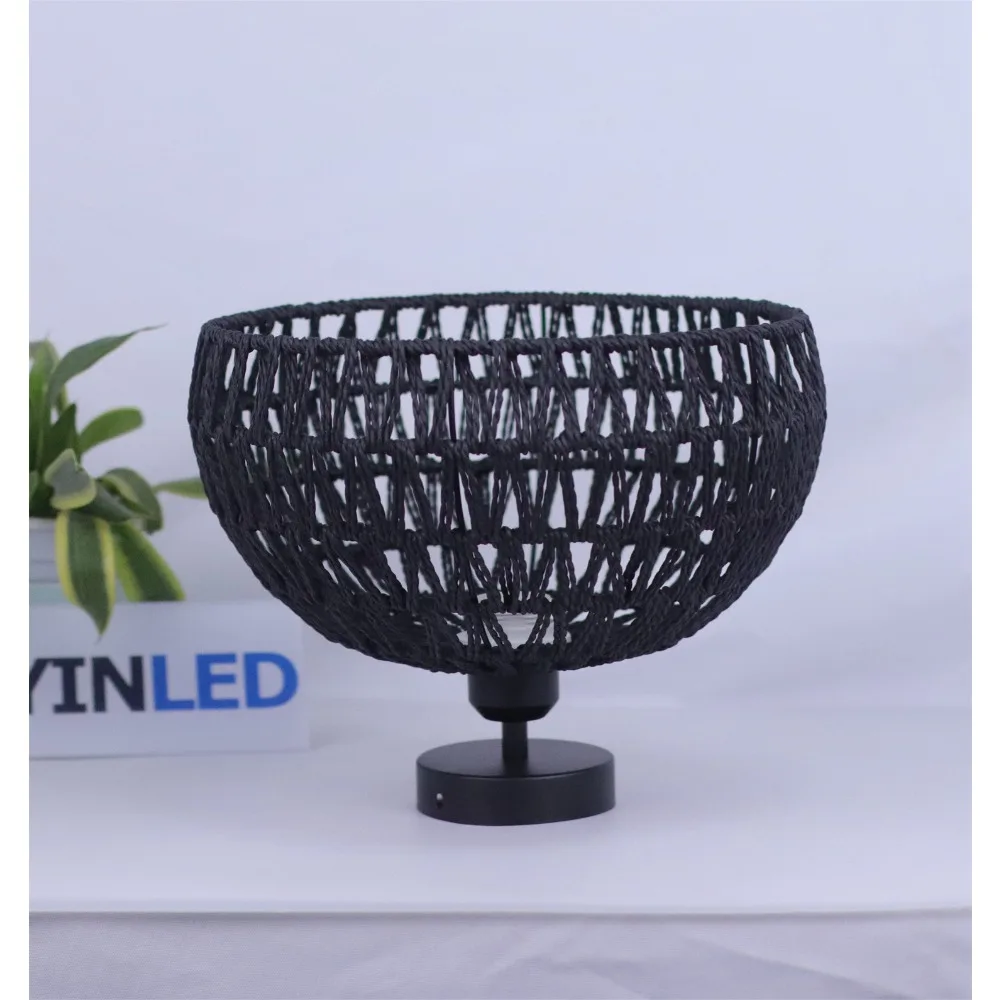 Handgewebte Rattan-Deckenleuchte, 30 cm, Vintage-Deckenleuchte im Landhausstil mit Holzsockel für Wohnzimmer, Esszimmer, Flur, E27 – Detail 10