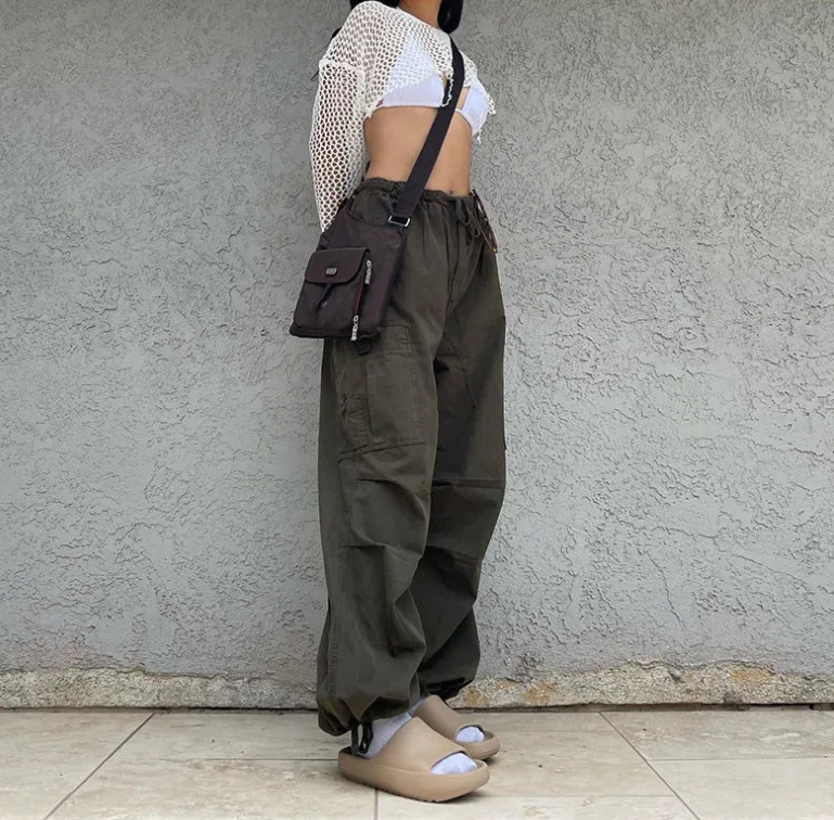 Light Khaki Cargo Pants Streetwear 100% Cotton Big Pocket Patchwork Casual Pants Drawstring Low Waist Baggy Trouser Lady