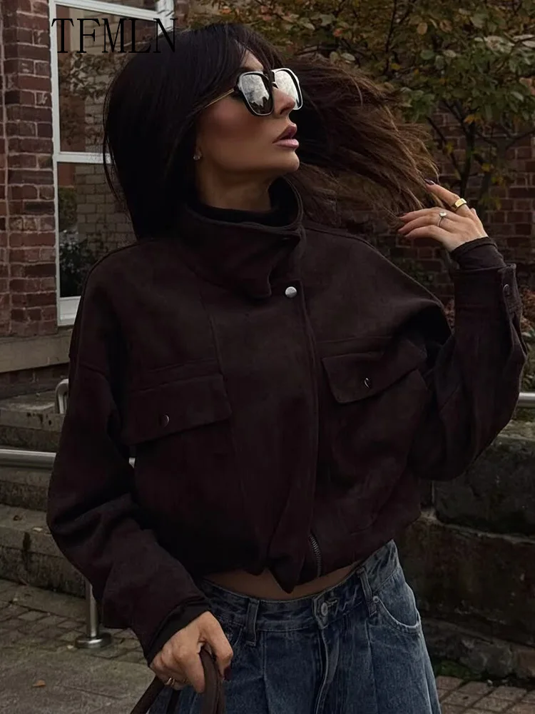 2025 Autumn Women Causal Jackets Fashion Chic Zipper Long Sleeve Street Style Coats Vintage Stand Collar Pockets Ladies Outwear