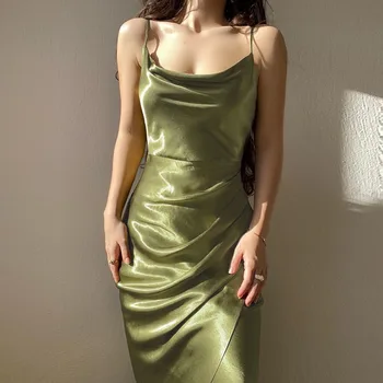 Women's Spring New Strap Women's Dress, European and American High end Sexy Spicy Girl, Low cut Satin Split Back 1