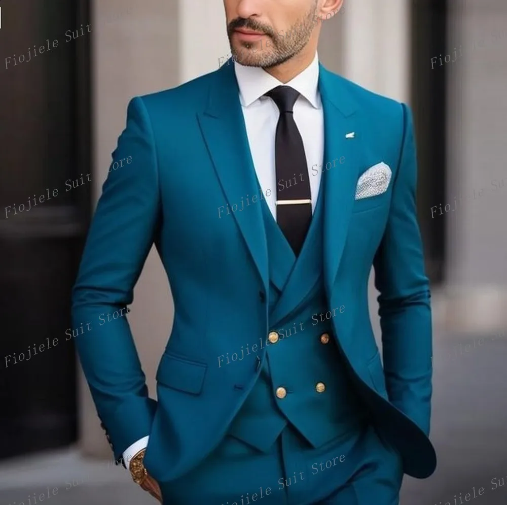 

New Blue Men Suit Business Prom Groom Groomsman Wedding Party 3-Piece Set Formal Occasions Tuxedo Jacket Vest Pants