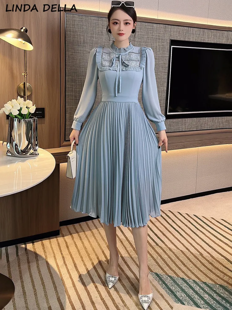 

LINDA DELLA Summer Fashion Designer Light Blue Vintage Midi Dress Women Stand Collar Drawstring Ruffles Embroidery Pleated Dress