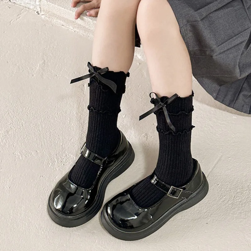 Girls Sweet Cute Ruffle Lace Bows Socks Korean Princess Socks for Children White Black Bow Toddler Cotton Lolita Ankle Socks