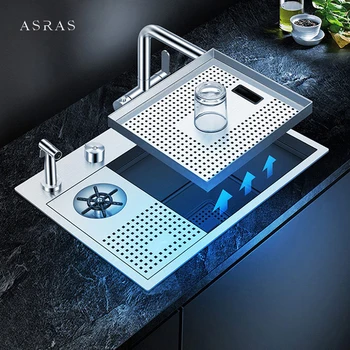ASRAS Island ซ่อนอ่างล้างจาน 304 สแตนเลส 4 มม.ความหนา Handmade Brushed Sink แรงดันสูงถ้วยเครื่องซักผ้าอ่างล้างจาน 2