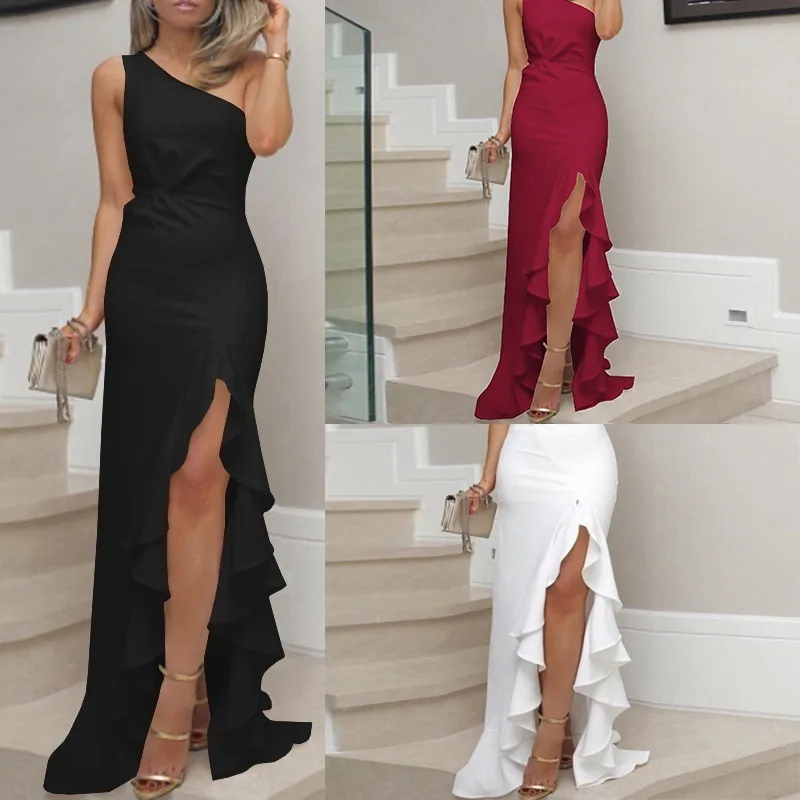

Women White Party Dress Slit Sexy Elegant Classy Wedding Long Dresses One Shoulder Slim Ladies Evening Club Vestido De Mujer