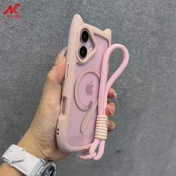 Cute Cat Ear for Magsafe Case for iPhone 13 14 15 16 17 Pro Max 11 12 15 16 Plus Air Transparent PC TPU Armor Wrist Strap Cover 1