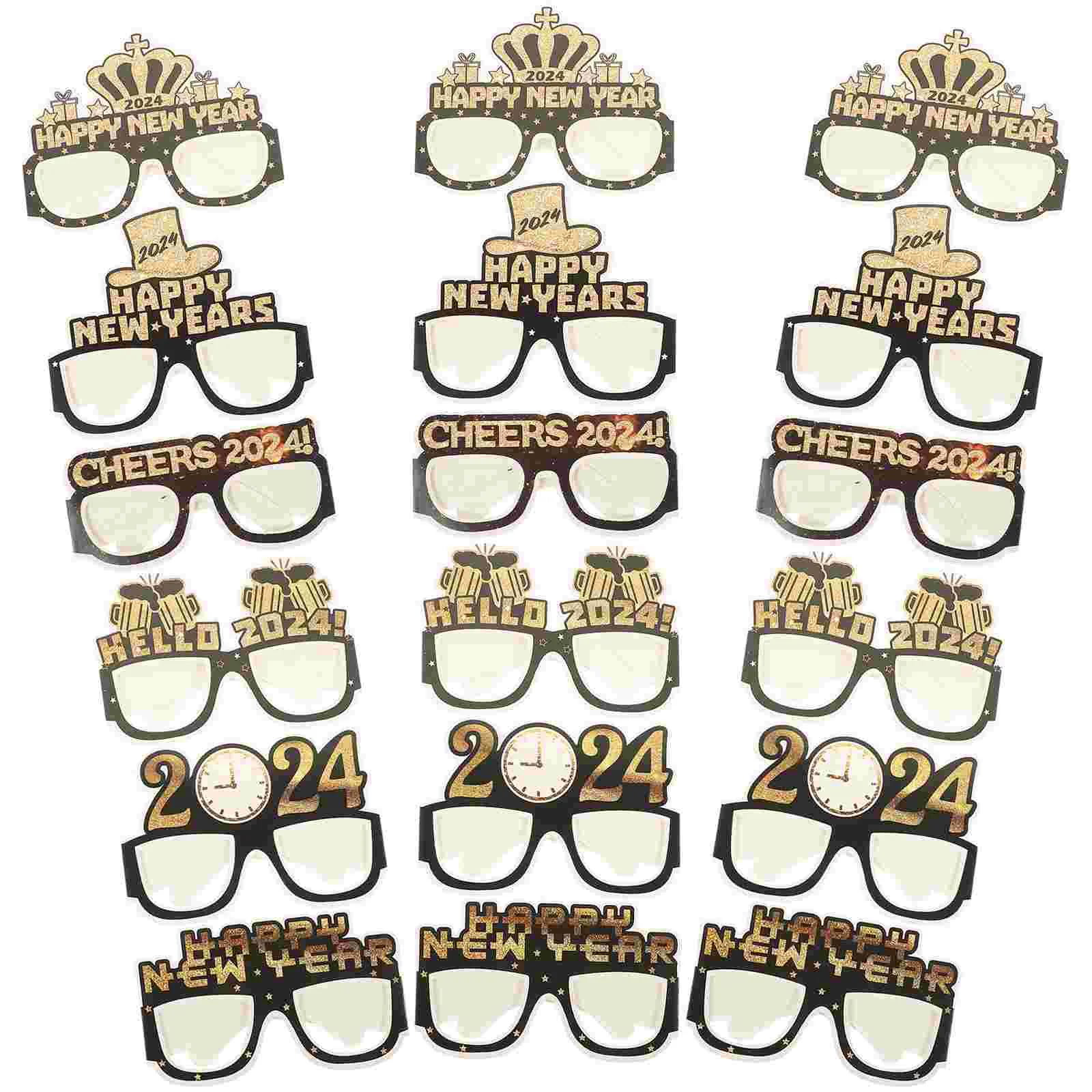 

18pcs Happy New Year Eyeglasses 2024 New Year Party Paper Glasses Photo Props