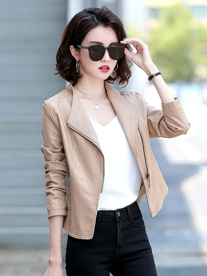 Chaqueta De Cuero Sintético Biker Para Mujer - Estilo Motero, Cremallera, Corta, Perfecta Para Primavera Y Otoño
