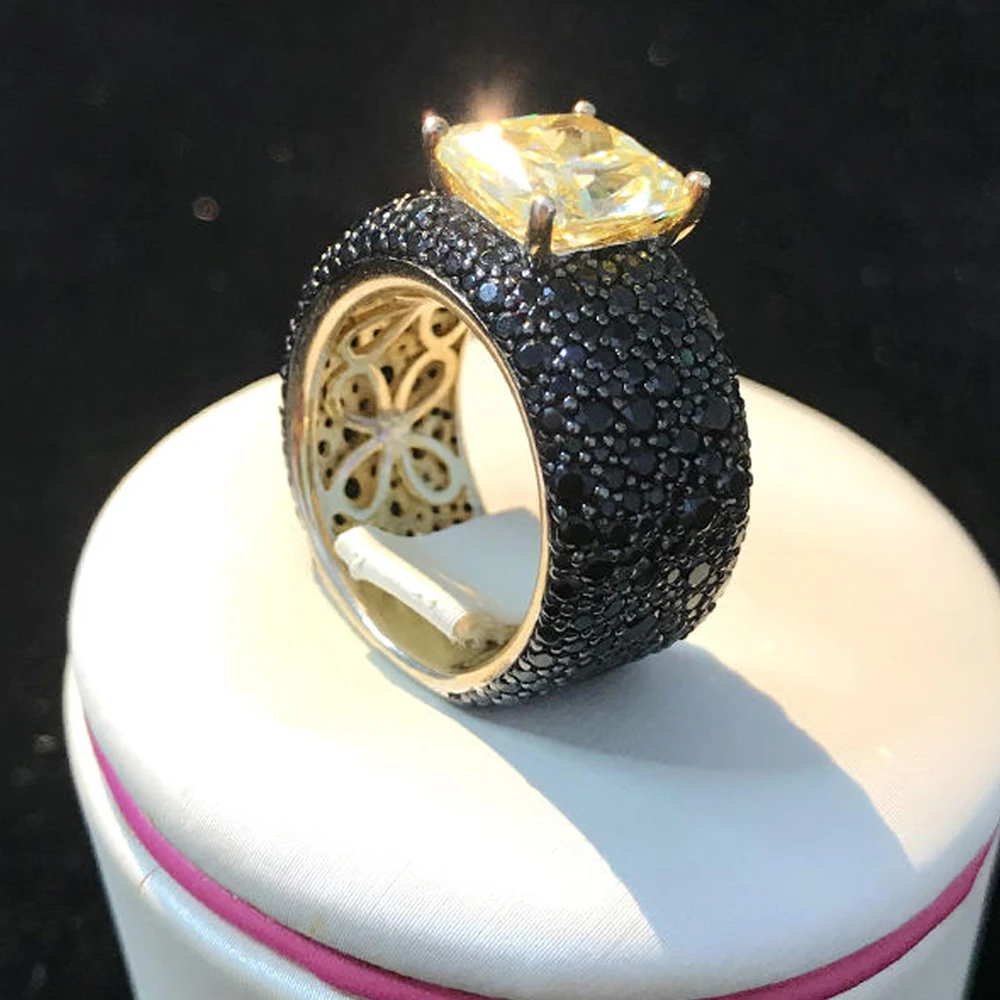 

Anel Gold Plated Pave Ring Jewelry Men Black Zircon Fine S925 Silver Yellow Gemstone