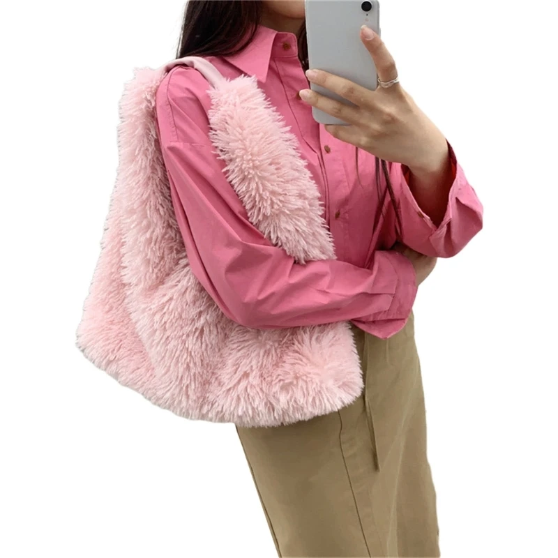 Stylish Plush Shoulder Bag Soft and Comfortable Underarm Bags Large Capacity Handbag Purse E74B