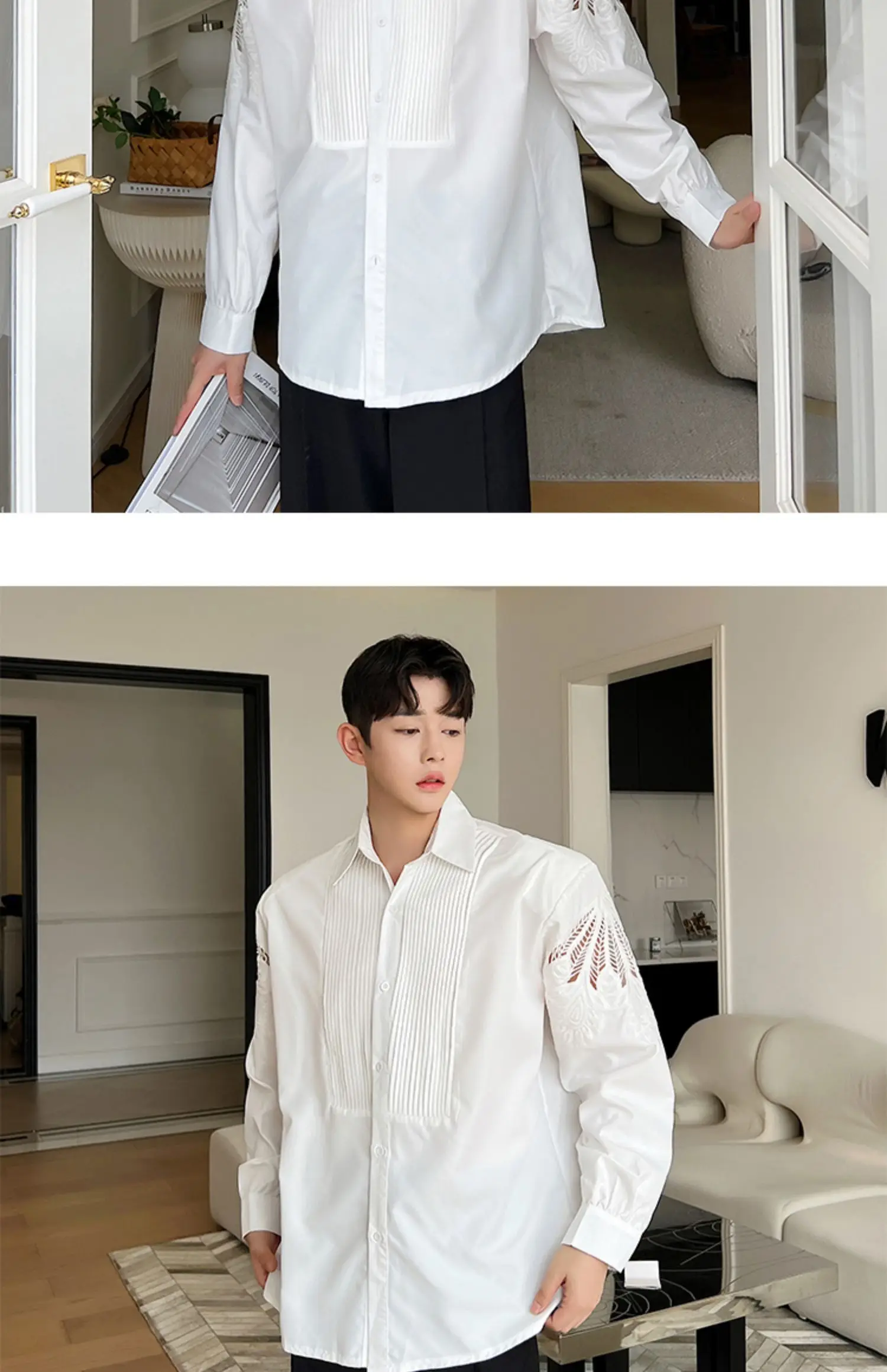 Description Picture 6 of itemSenior Embossing Hollow Sleeve Men Blouse Elegant Shirts Pleated Stitching Office Work Business Formal Tops Design Streetwear