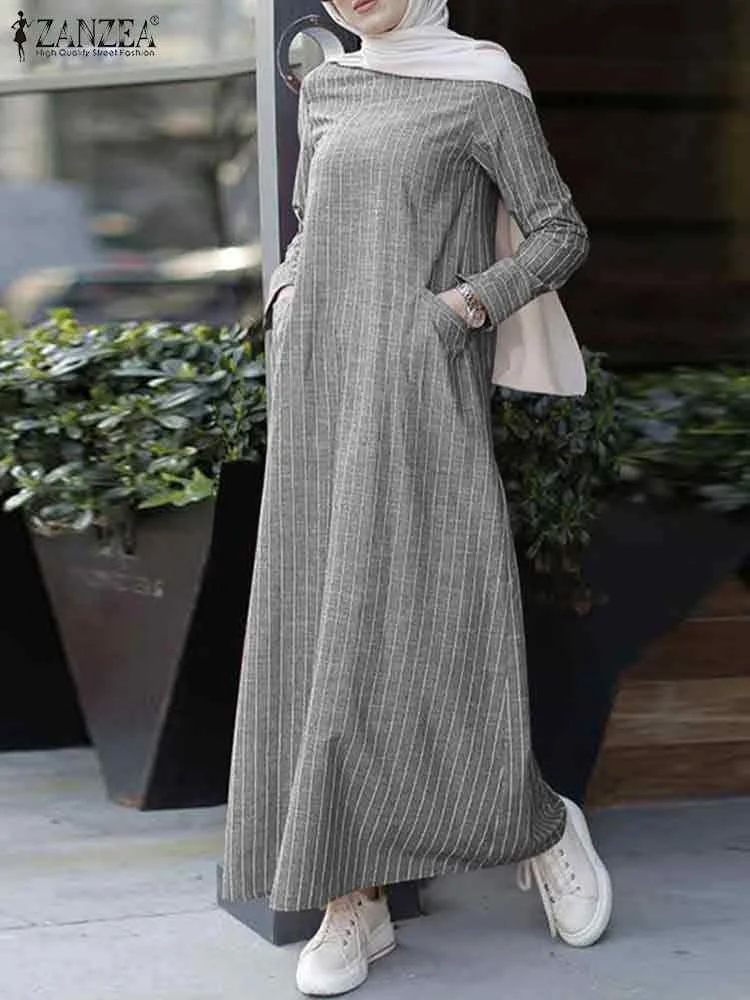 

Women's Autumn Striped Dresses 2023 ZANZEA Muslim Fashion Long Dress Casual Long Sleeve Vestidos Female O Neck Cotton Robe Abaya