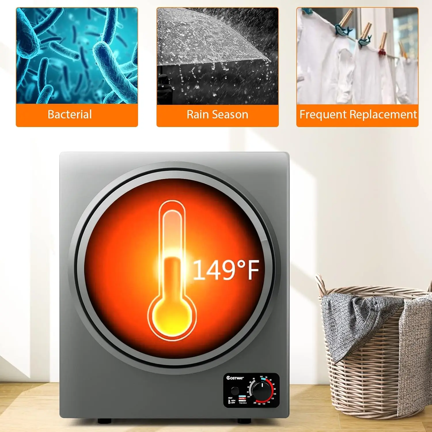 Compact Laundry Dryer, 110V Electric Portable Clothes Dryer with Stainless Steel Tub, Control Panel Downside Easy Control for 4