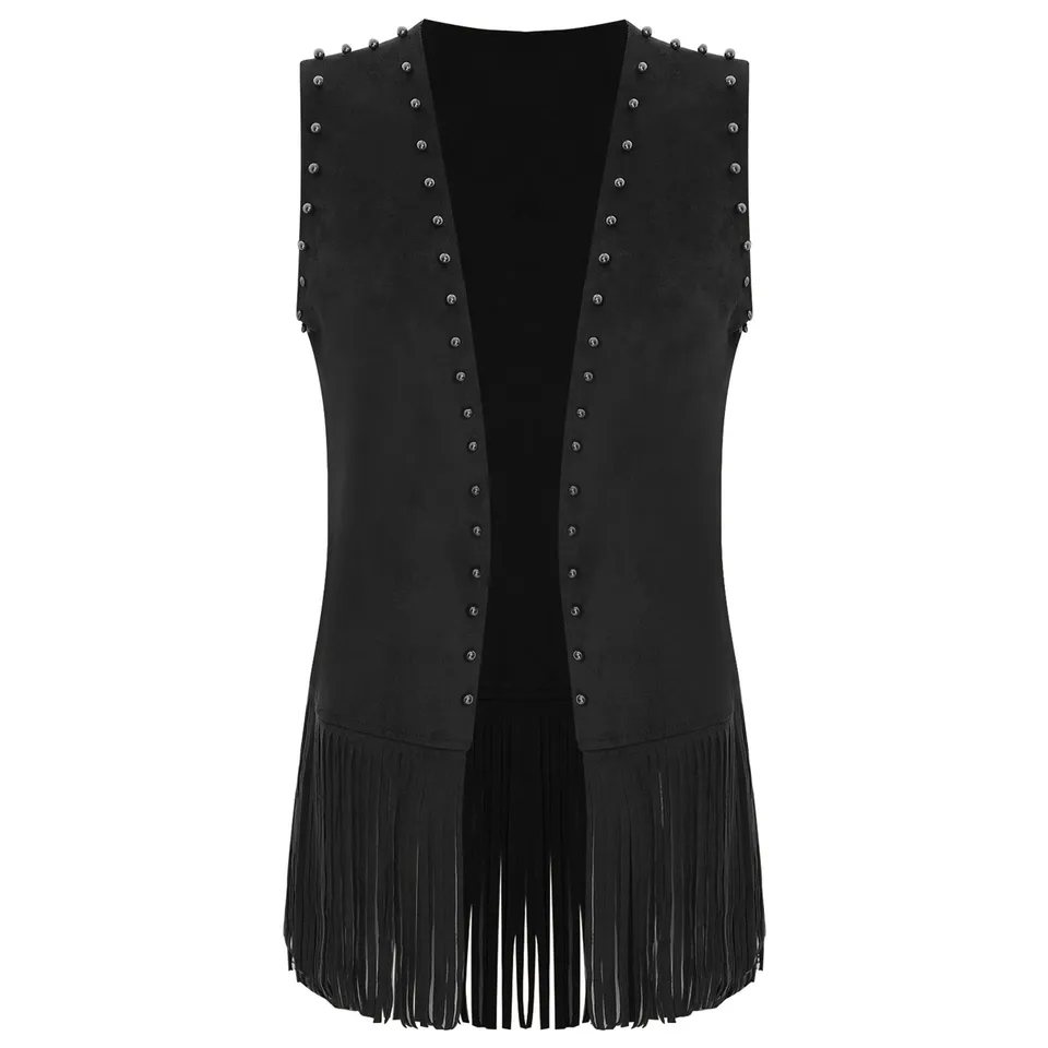 Gilet Con Frange Anni '70 Per Donna - Giacca Hippie In Finta Pelle Scamosciata Con Rivetti, Stile Cowgirl Western