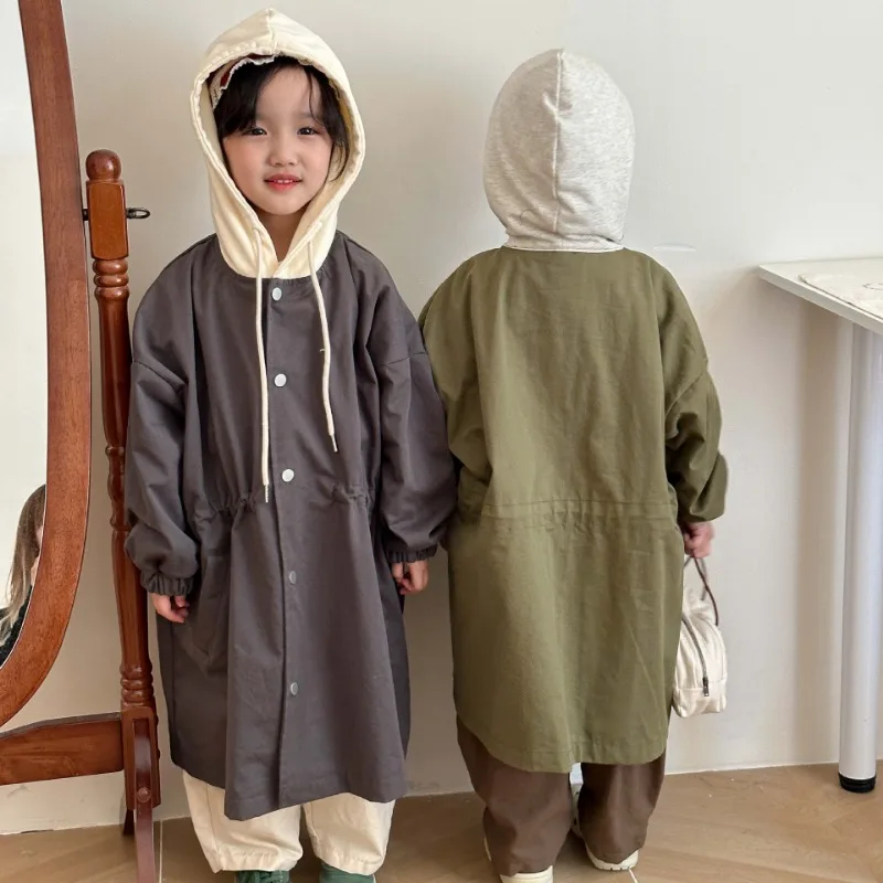 Spring Kids contrast color hooded trench jackets Boys and girls loose casual long style wind jackets