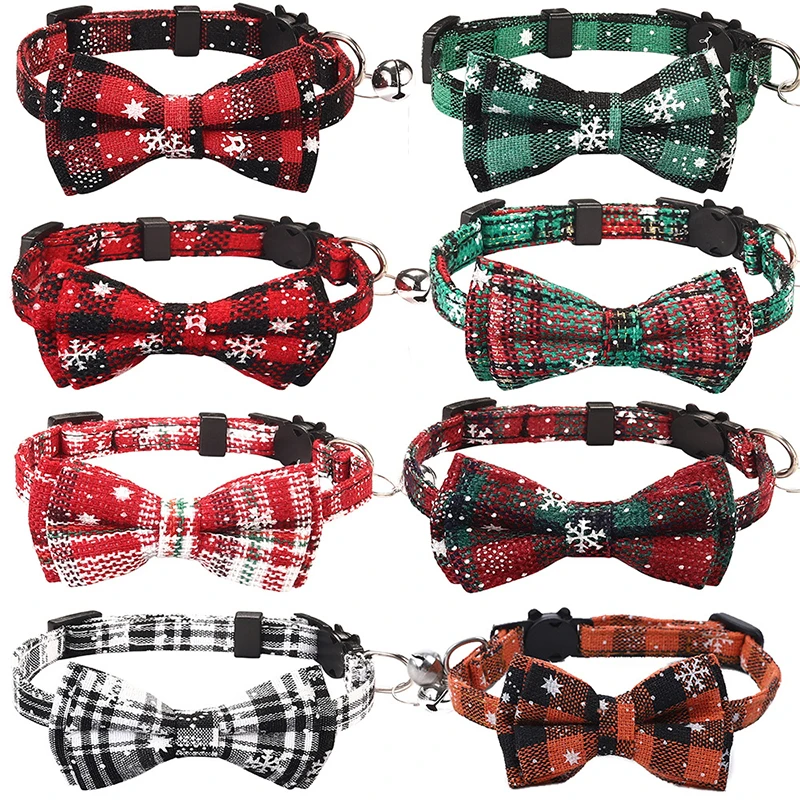 Bowknot Breakaway Cat Collar with Bell Plaid Christmas Necklace Elastic Adjustable Small Dog Puppy Collar Pet Accessoires 2pcs set pet christmas party bowknot collar with hat set plaid headwear cap christmas party dog accessories pet supplies