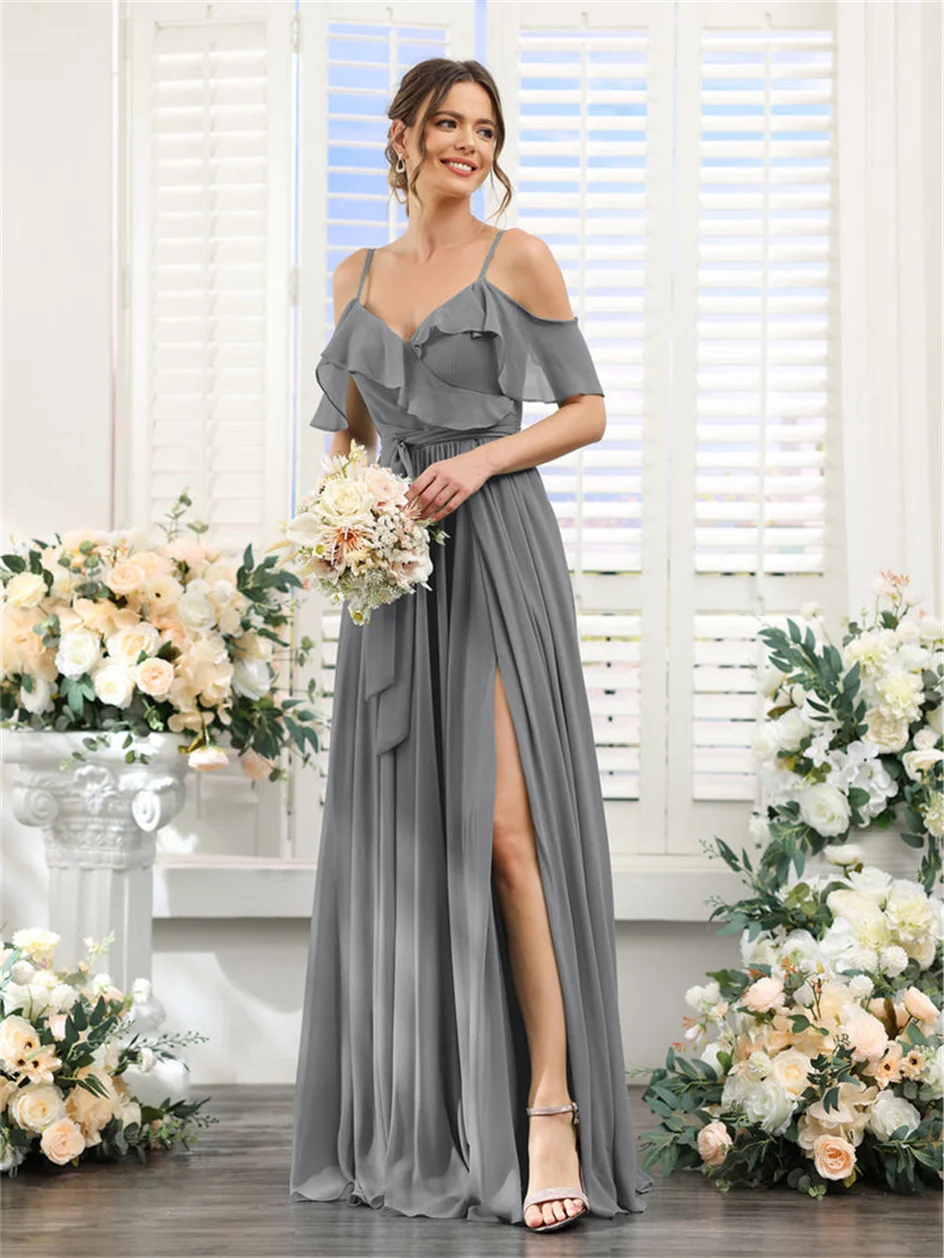 

Simple Sleeveless Multiple Color Bridesmaid Dresses Long V Neck Pleated Chiffon Prom Dress with Slit Flowy Ruffles Wedding Gown