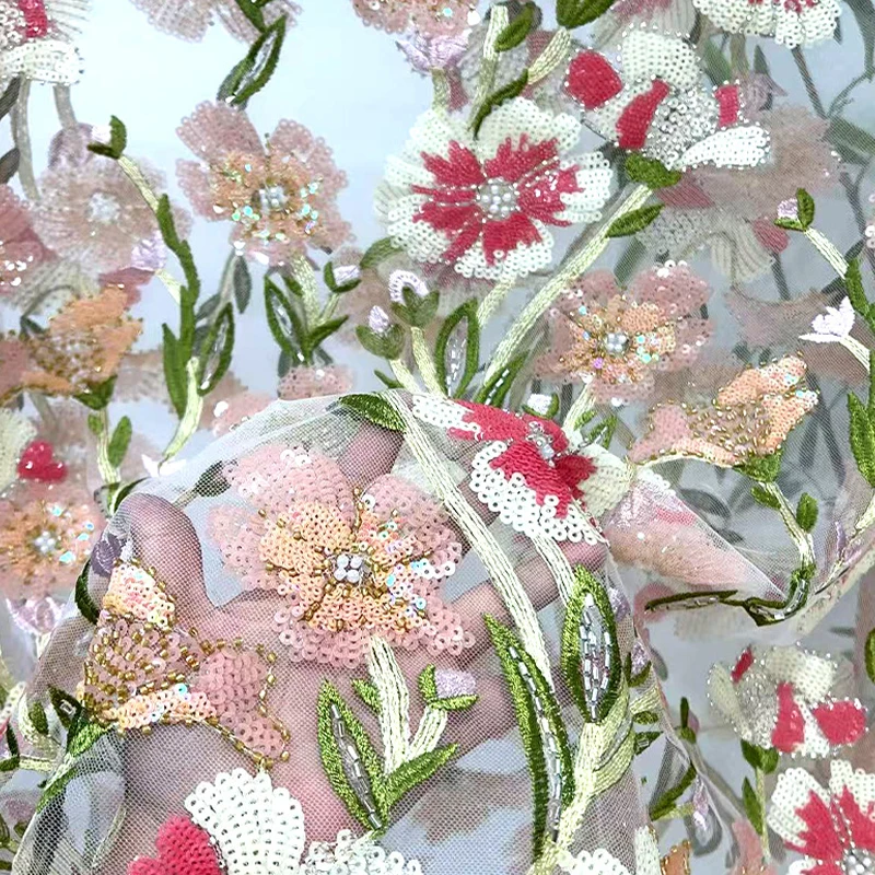 1 Yard Blumenperlen Stickerei Stoff Spitze Tüll Kleid Hochzeitskleid Stoff DIY Nähen Hochzeitskleid Kleidung Blumenstoff – Detail 6