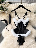 CHILLGIO Women Sexy Christmas One Piece Bodysuits Satin Tight Onesie Hot Bunny Catsuits Fashion Fur Combination Strappy Rompers - Image 3