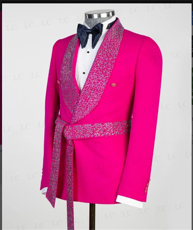 Men Suits Beads Crystal Luxury 2 Pieces Blazer PantOne Button With Belt Wide Lapel Formal Party Wedding Groom Plus Size Tailored