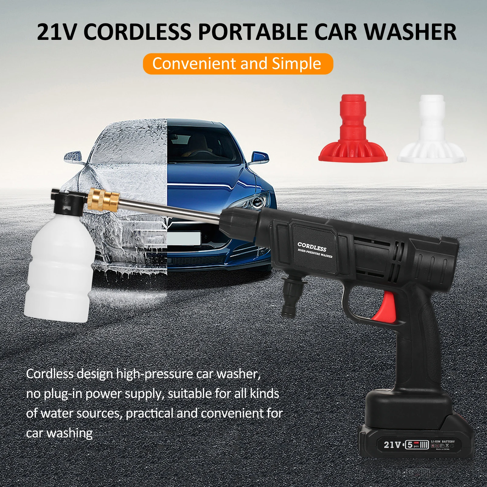 21V Cordless Car Washer Electric High Pressure Washer Cleaner 24.5Bar Car Washing Plant Watering Machine 1500mAh Li-ion Battery 6