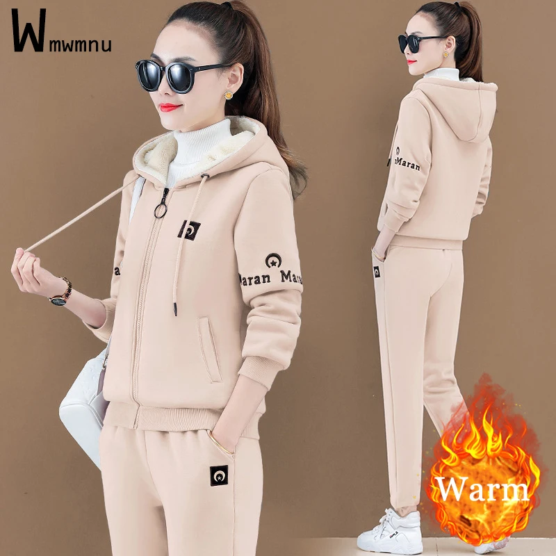 

Add Velvet Thicken Warm Hooded Tracksuit Two Piece Sets Women Zipper Letter Embroidery Coat and Capris Jogging Pants Outfits
