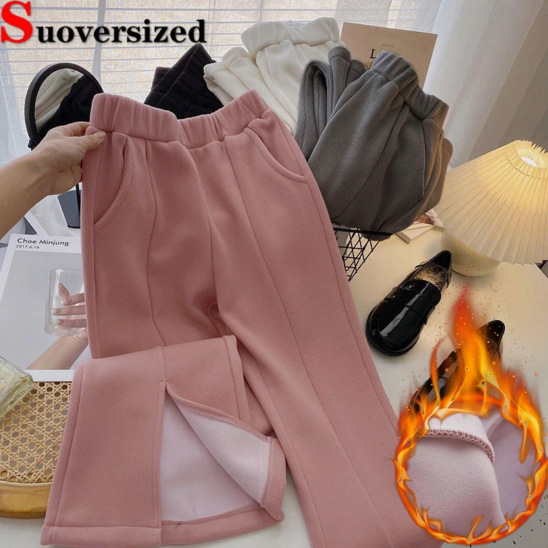 

Элегантные зимние расклешенные брюки с разрезом, повседневные женские брюки с плюшевой подкладкой, плотные теплые мешковатые брюки, брюки с поясом на резинке и поясом