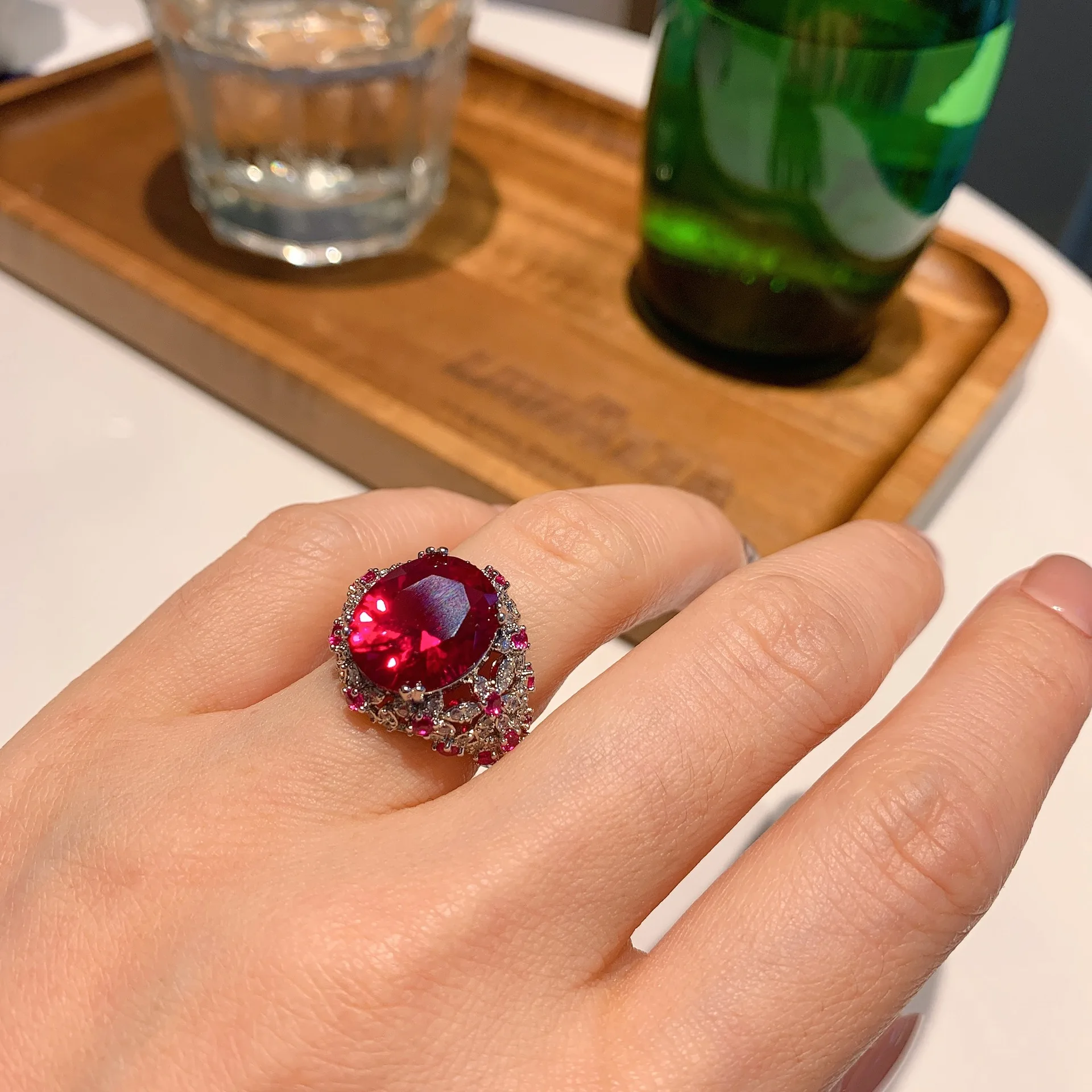 925 Sterling Silver Adjustable Opening Red Crystal Ring Sapphire Retro Luxurious Fashion For Women Jewelry Birthday Gift 12*14