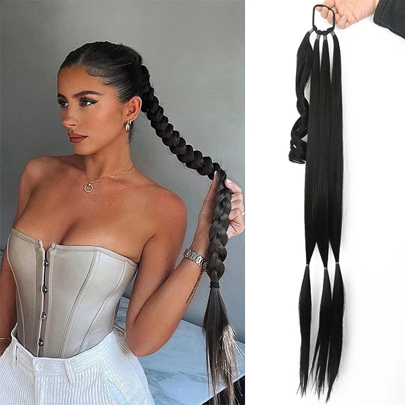 

34inches Synthetic Long Braided Ponytail Hair Extensions for Women Black Brown Pony Tail with Hair Rope High Temperature Fiber
