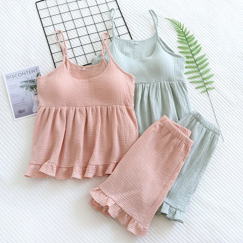 Women Casual Loose Pajamas Sexy Suspender Tops With Chest Pad Shorts Thin Home Clothing Set Summer New Solid Female Sleepwear