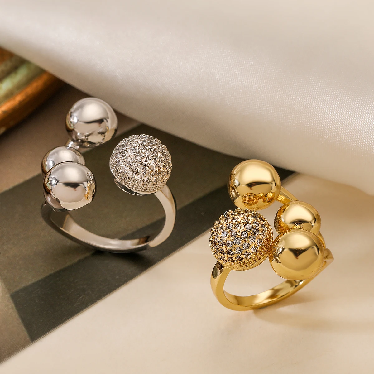2025 New Fashion Silver/Gold Color High Polish Copper Zircon Jewelry Unique Design Geometric Ball Shape Rings For Women 3