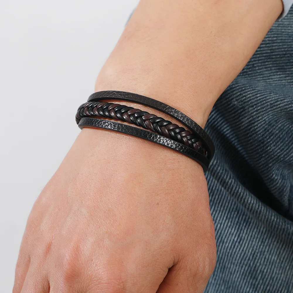 Men Leather Braided Magnetic Punk Bracelet