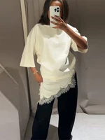 Solid Summer Lace Patchwork T-shirt For Women Chic Short Sleeve O-neck Top All-match Casual Loose Lady Streetwear 2026