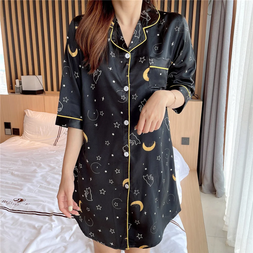 

Summer Satin Women Sleepwear Shirt Pajamas NightGown Short Sexy Silk Sleepshirt Loose Ladies Nightgown Shirt Girl Nightdress