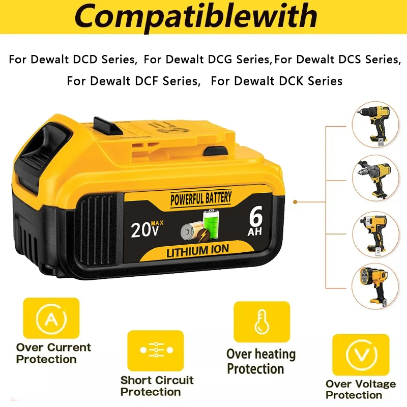 

20V MAX 5.0Ah 6.0Ah Li-ion Replacement Battery, for Dewalt 18V 20V Batteries DCB184 DCB200 DCB180 DCB181 DCB182 DCB201